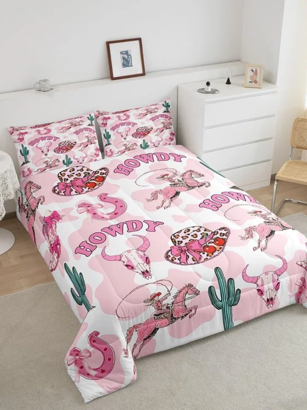 Pink Western Twin Comforter Set,Cowgirl Boots Hats Bows Bedding Sets for Girls K